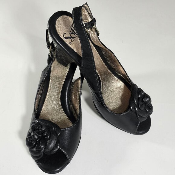 Sofft Womens 7.5 M Sling Back Leather Pump Floral Black Embellished 3.5" Heels - Picture 1 of 16